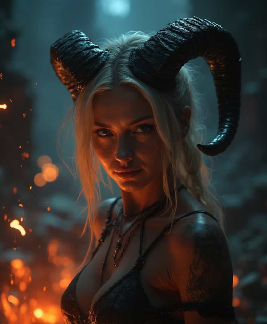 dark, moody, backlit, hyperrealistic, shot on 50mm lens at f/2.8 aperture, soft particle sparks, orange lighting, long exposure photography, underworld lava flows, humanoid woman necromancer with dark skin, dirty blonde hair, blue eyes, arrogant smile, goat horns, seductive pose, masterful creation, ultra-high resolution, artistic, extremely detailed, Faetastic 