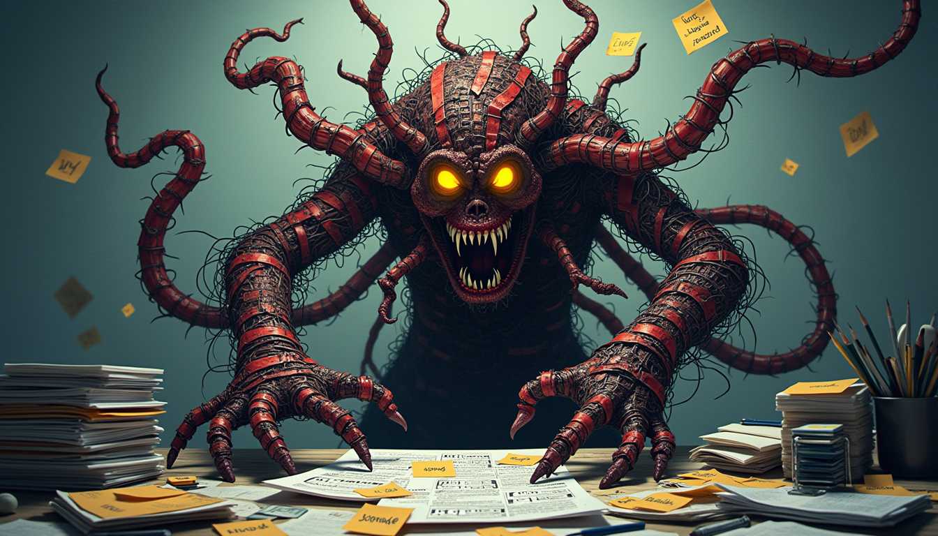 **Image Description:**

A menacing creature represents the concept of scope creep in project management. 

**Prompt for Stable Diffusion 3:**

A detailed, imaginative illustration of a "Scope Creep Monster" standing in a modern office setting, ominously looming over a desk cluttered with paperwork. The monster's body is composed of tangled threads of red tape and chains that wrap around its multiple, gangly limbs. Its eyes are haunting and glow with an eerie, yellow light, symbolizing vigilance and interference. The monster's body is covered with sticky notes, checklists, and half-completed flowcharts, giving it a cluttered and chaotic texture.

**Visual Details**:
- The tangled threads and chains have a metallic sheen, reflecting the harsh fluorescent office lights.
- The sticky notes have bold, handwritten deadlines and to-do items, contrasting with its dark and shadowy skin.
- A dark, cloudy aura surrounds the monster, indicating a suffocating presence.

**Artistic Style**:
- The artistic style should be dark fantasy with a touch of surrealism.
- Utilize intricate line work and shading to emphasize the complexity and entanglement.

**Composition**:
- The monster is centered in the foreground, its elongated fingers reaching toward the desk.
- The