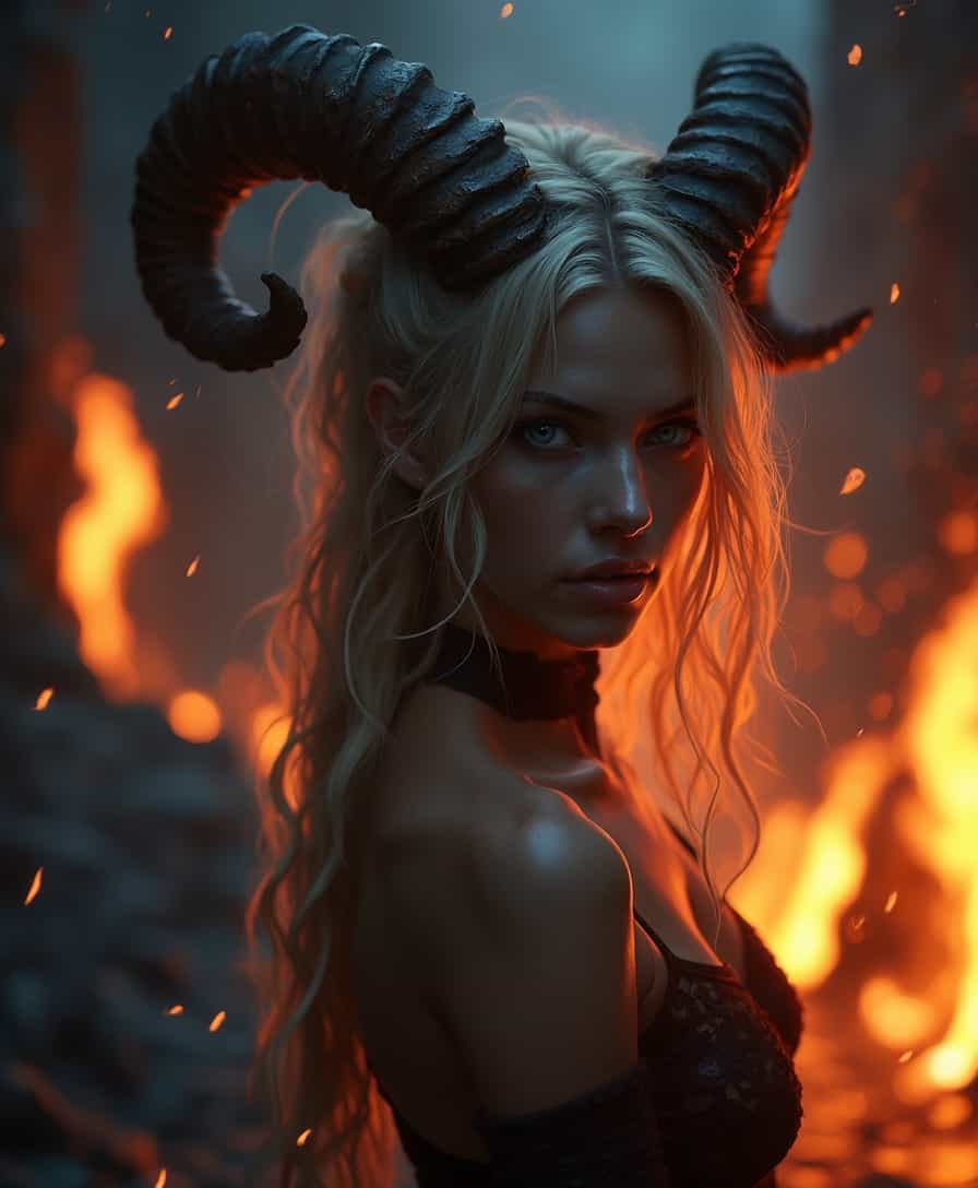 dark, moody, backlit, hyperrealistic, shot on 50mm lens at f/2.8 aperture, soft particle sparks, orange lighting, long exposure photography, underworld lava flows, humanoid woman necromancer with dark skin, dirty blonde hair, blue eyes, arrogant smile, goat horns, seductive pose, masterful creation, ultra-high resolution, artistic, extremely detailed, Faetastic 