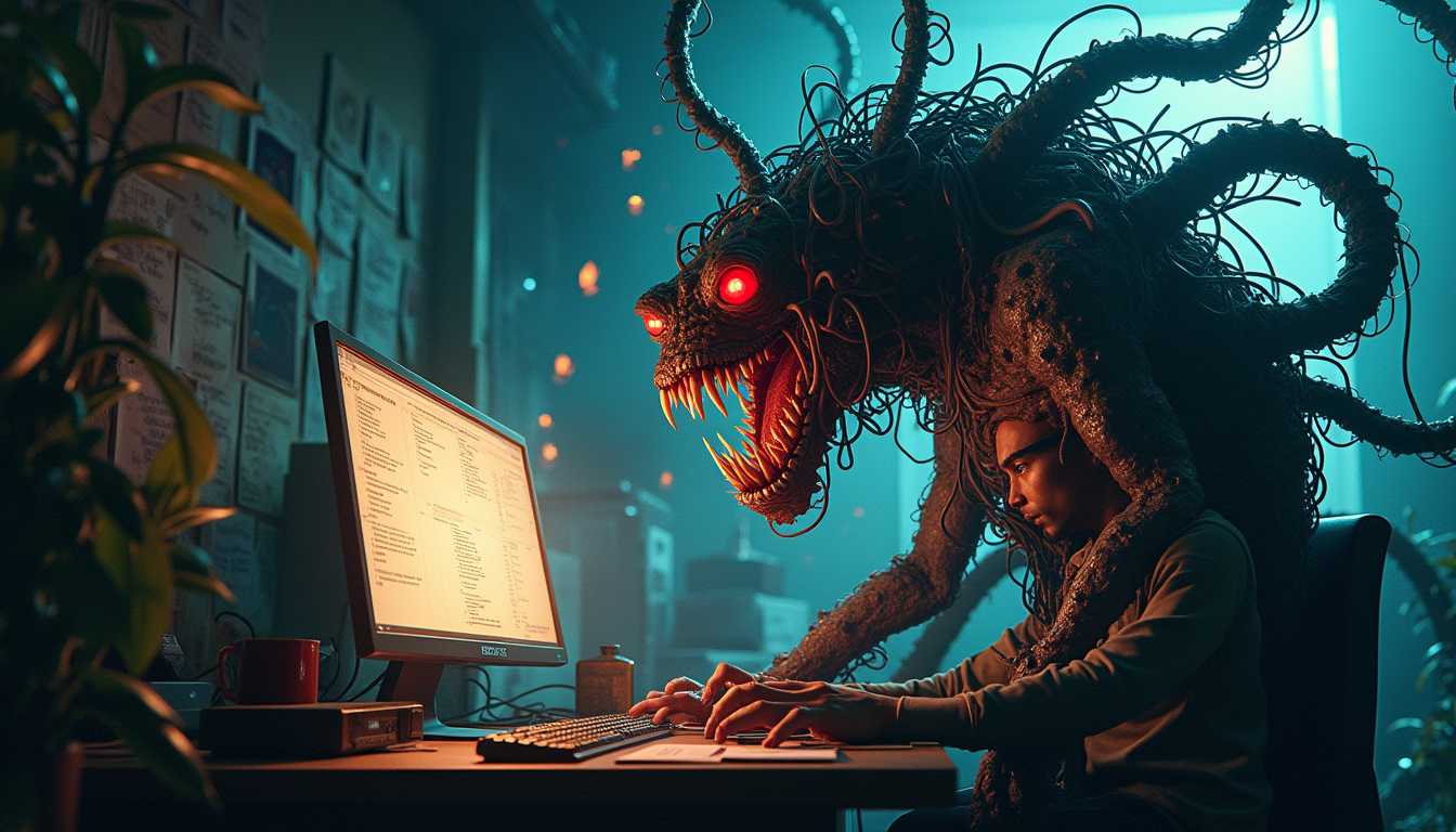 Title: "The Scope Creep Monster in a Developer's Nightmares"

Description: A vivid, haunting scene of a monstrous creature known as the Scope Creep Monster emerging from a developer's computer screen. The creature is composed of various chaotic elements symbolizing ever-growing project demands: tendrils of code, endless documentation, fluctuating project timelines, and oversized to-do lists. 

* Intricate details: The monster has dozens of glowing red eyes, gnarly claws made of tangled wires, and its skin is a patchwork of late-night coffee stains and sticky notes with cryptic, rushed writing. The tendrils extend outward, wrapping around the room, transforming it from a neat workspace to a chaotic mess.

* Artistic style: Hyper-realistic yet surreal, with a mix of horror and dark fantasy elements. Influences from H.R. Giger and Guillermo del Toro for their uniquely unsettling creature designs.

* Composition: The scene is set in a dimly lit office, with the monster in the foreground, emerging from a flickering computer screen. The developer is seated in the background, partially in view, looking shocked and overwhelmed as the monster's tendrils reach toward them. The perspective is slightly low-angle, enhancing the monster's looming and intimidating presence.

*
