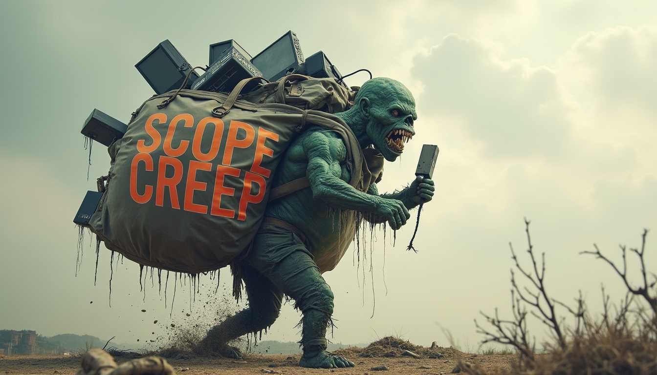 create a photo of a scope creep monster carrying a huge bag filled with computers. O the bag is written the word SCOPE CREEP in bold letters with the following words in a list under it

Fragmented
Unfinished
Patchy
Incomplete
Overcomplicated
Haphazard
Disjointed
Makeshift
Buggy
Chaotic
Unrefined
Untested
Unpolished
Bloated
Unstable
