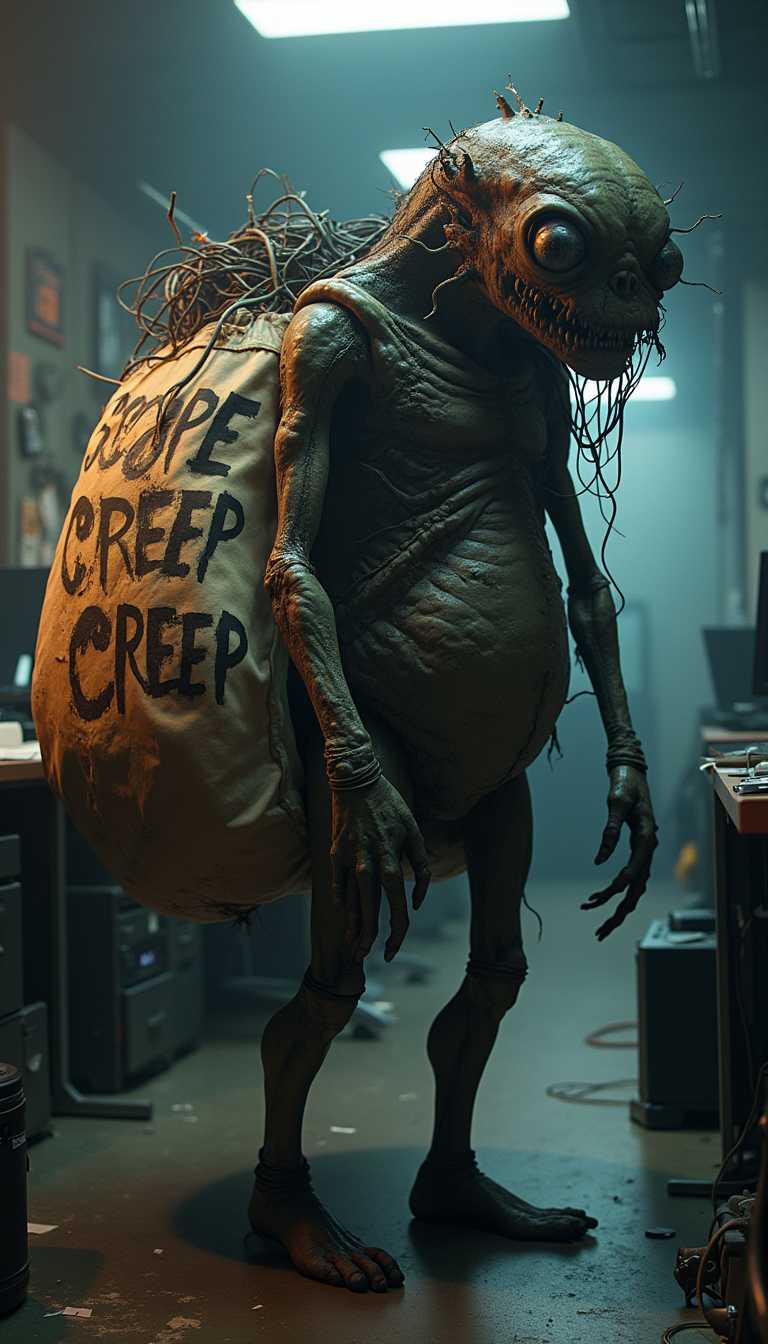 Create an ultra-realistic photograph featuring a fearsome "scope creep monster" trudging through a dimly-lit tech office. The monster has a grotesque, amorphous form with multiple bulging, relentless eyes and tangled wires protruding from its body. Its skin is textured like a patchwork of digital glitches and code fragments. The monster carries an enormous, overstuffed bag made of coarse, worn fabric, bulging with various outdated and malfunctioning computers, tangled cables, and broken hardware parts. Boldly written on the side of the bag are the intimidating words "SCOPE CREEP" in heavy, distressed font, followed by a list of adjectives in a smaller but equally bold typeface:

- Fragmented
- Unfinished
- Patchy
- Incomplete
- Overcomplicated
- Haphazard
- Disjointed
- Makeshift
- Buggy
- Chaotic
- Unrefined
- Untested
- Unpolished
- Bloated
- Unstable

The background is a chaotic tech workspace with dim, flickering fluorescent lights, casting eerie shadows and highlighting the room's cluttered state—strewn papers, broken monitors, and scattered tools. The camera angle is slightly low, amplifying the