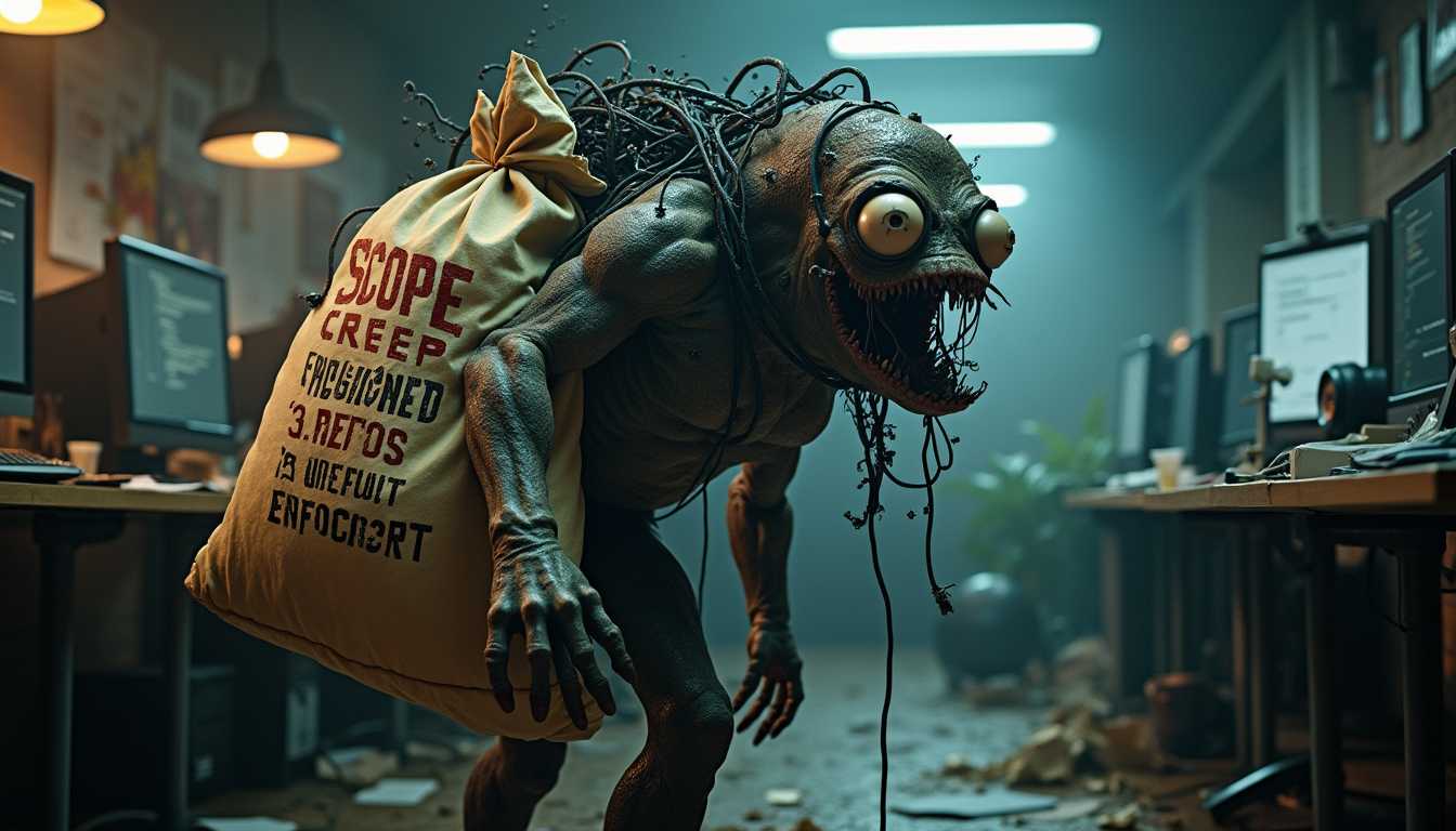 Create an ultra-realistic photograph featuring a fearsome "scope creep monster" trudging through a dimly-lit tech office. The monster has a grotesque, amorphous form with multiple bulging, relentless eyes and tangled wires protruding from its body. Its skin is textured like a patchwork of digital glitches and code fragments. The monster carries an enormous, overstuffed bag made of coarse, worn fabric, bulging with various outdated and malfunctioning computers, tangled cables, and broken hardware parts. Boldly written on the side of the bag are the intimidating words "SCOPE CREEP" in heavy, distressed font, followed by a list of adjectives in a smaller but equally bold typeface:

- Fragmented
- Unfinished
- Patchy
- Incomplete
- Overcomplicated
- Haphazard
- Disjointed
- Makeshift
- Buggy
- Chaotic
- Unrefined
- Untested
- Unpolished
- Bloated
- Unstable

The background is a chaotic tech workspace with dim, flickering fluorescent lights, casting eerie shadows and highlighting the room's cluttered state—strewn papers, broken monitors, and scattered tools. The camera angle is slightly low, amplifying the