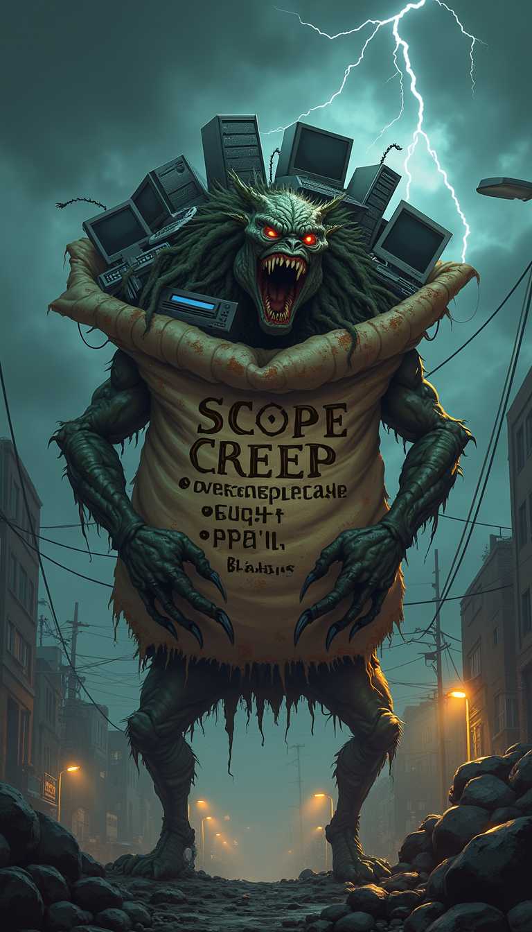 A highly detailed digital illustration of a menacing scope creep monster standing atop a dark, dystopian city landscape. The monster has an intimidating stature, with elongated limbs, sharp claws, and a grotesque, twisted face showing a malicious grin. Its monstrous form is covered in patches of rough, scaly skin with a mix of ominous dark green and rusty brown colors. The scene is set against a stormy evening sky, with heavy clouds casting a gloomy shadow and occasional lightning illuminating the eerie surroundings.

The monster is carrying a massive, tattered bag over its shoulder, bulging with various types of computers—desktops, laptops, and servers—which are peeking out haphazardly. The bag is made of coarse, worn-out fabric with frayed edges and visible dirt stains, enhancing its overburdened appearance. Bold letters, worn and slightly faded, spell out "SCOPE CREEP" on the bag, with a list of words written below it:

- Overcomplicated
- Buggy
- Untested
- Bloated

These words are scribbled in a chaotic, almost desperate handwriting that adds to the sense of urgency and chaos. The scene is lit with a dim, cold light from street lamps and the occasional flash of lightning, casting