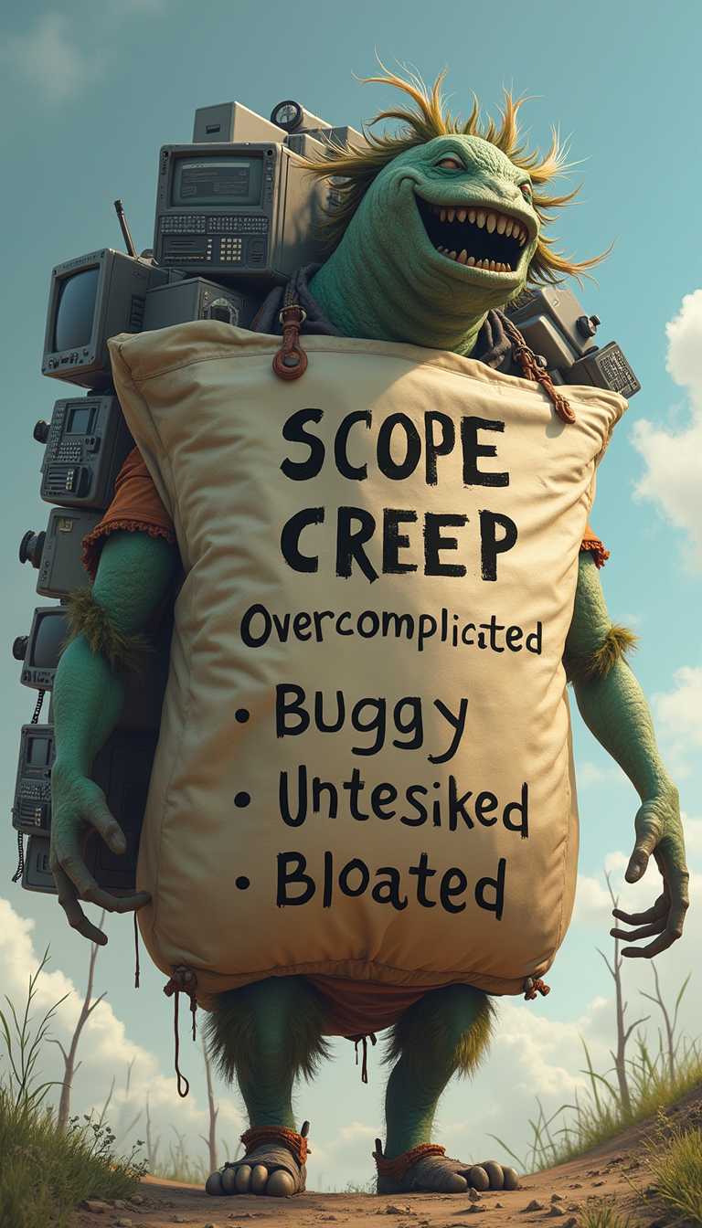 create a photo of a scope creep monster carrying a huge bag filled with computers. On the bag is written the word SCOPE CREEP in bold letters with the following words in a list under it


Overcomplicated
Buggy
Untested
Bloated
