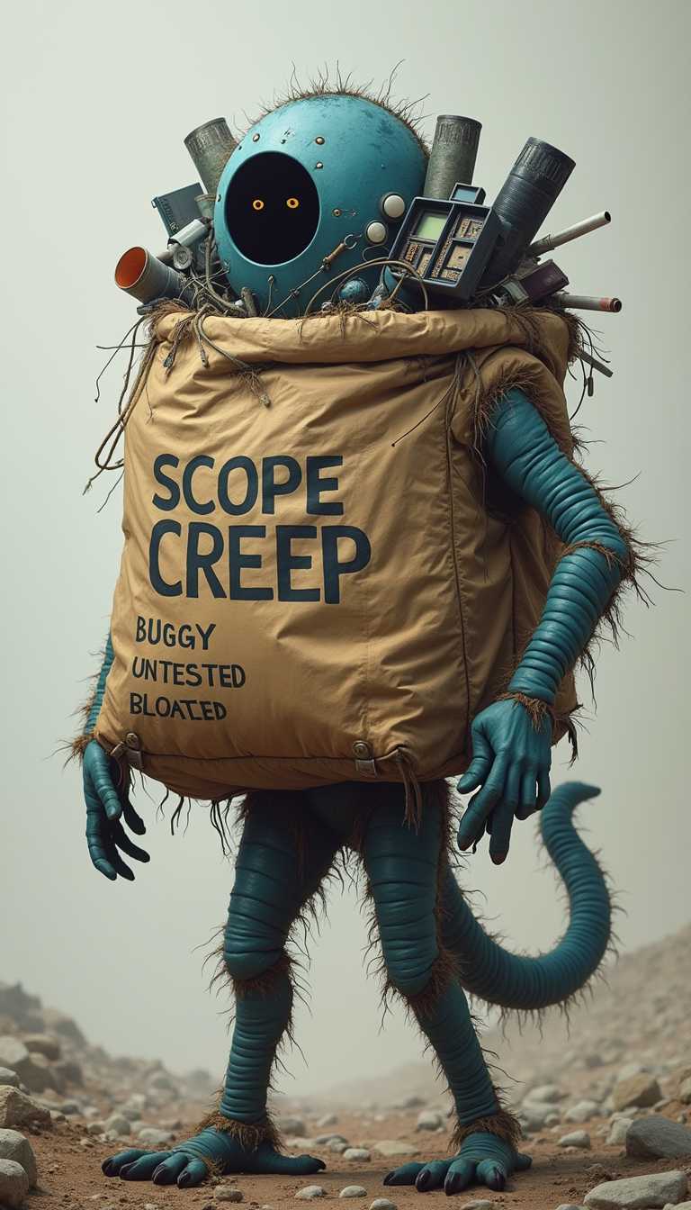 create a photo of a scope creep monster carrying a huge bag filled with computers. On the bag is written the word SCOPE CREEP in bold letters with the following words in a list under it


Overcomplicated
Buggy
Untested
Bloated
