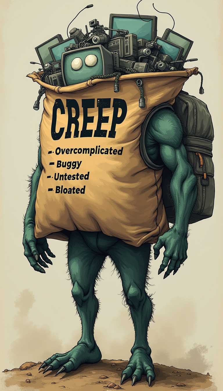 Creepy Monster Illustration Highlighting Overcomplication, Bugs, and Unreliability