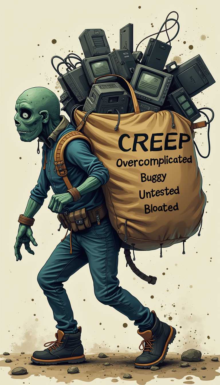 create a photo of a scope creep monster carrying a huge bag filled with computers. On the bag is written the word SCOPE CREEP in bold letters with the following words in a list under it


Overcomplicated
Buggy
Untested
Bloated
