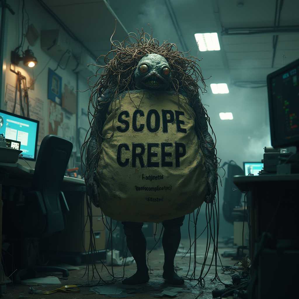 Create an ultra-realistic photograph featuring a fearsome "scope creep monster" trudging through a dimly-lit tech office. The monster has a grotesque, amorphous form with multiple bulging, relentless eyes and tangled wires protruding from its body. Its skin is textured like a patchwork of digital glitches and code fragments. The monster carries an enormous, overstuffed bag made of coarse, worn fabric, bulging with various outdated and malfunctioning computers, tangled cables, and broken hardware parts. Boldly written on the side of the bag are the intimidating words "SCOPE CREEP" in heavy, distressed font, followed by a list of adjectives in a smaller but equally bold typeface:

- Fragmented
- Overcomplicated
- Untested


The background is a chaotic tech workspace with dim, flickering fluorescent lights, casting eerie shadows and highlighting the room's cluttered state—strewn papers, broken monitors, and scattered tools. The camera angle is slightly low, amplifying the