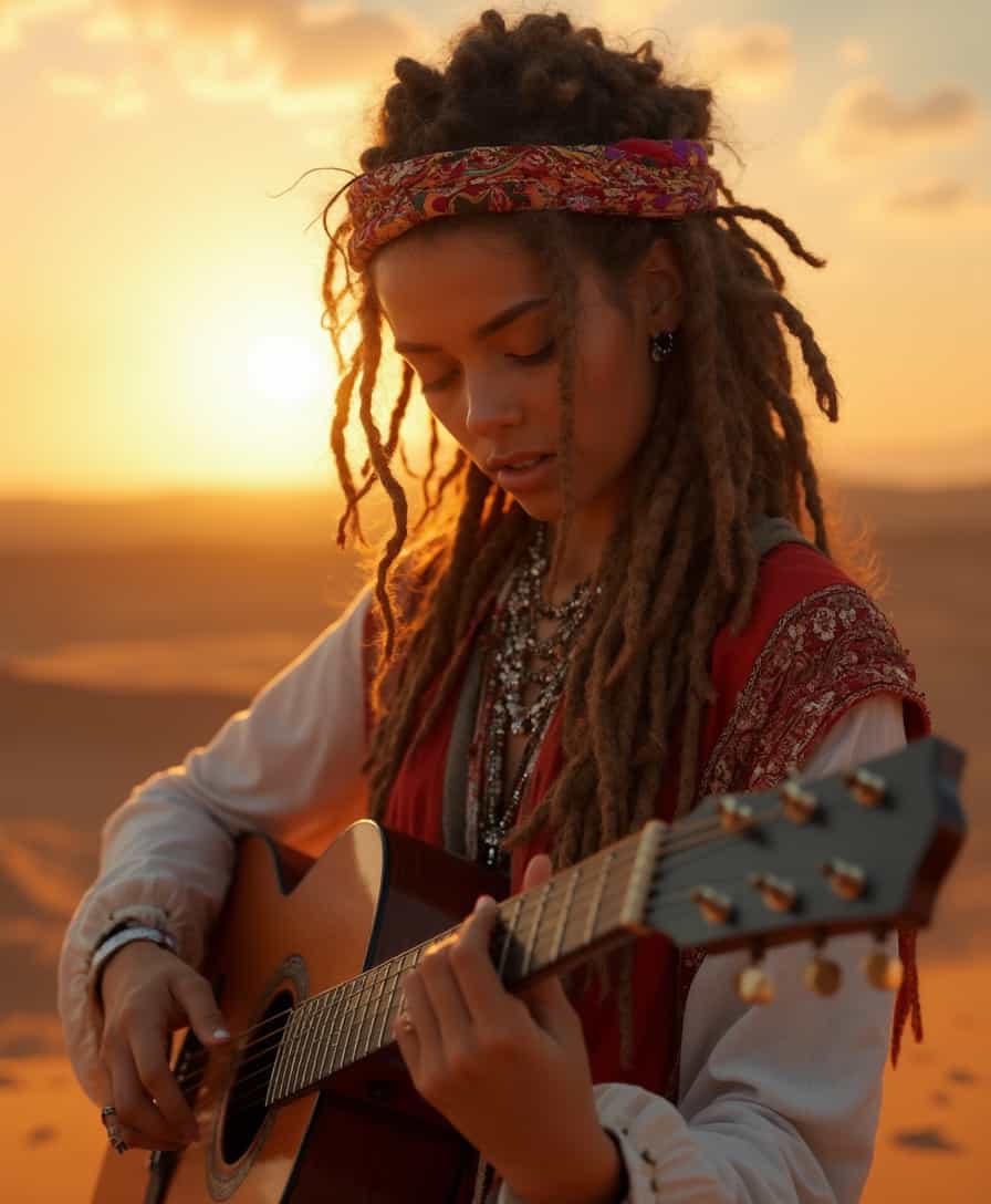 Photo, (8k, best quality, masterpiece: 1.2), (realistic, photorealistic: 1.37), ultra-detailed, intricate details,A woman wearing a bohemian outfit, with dreadlocks, desert sunset, playing a guitar, 