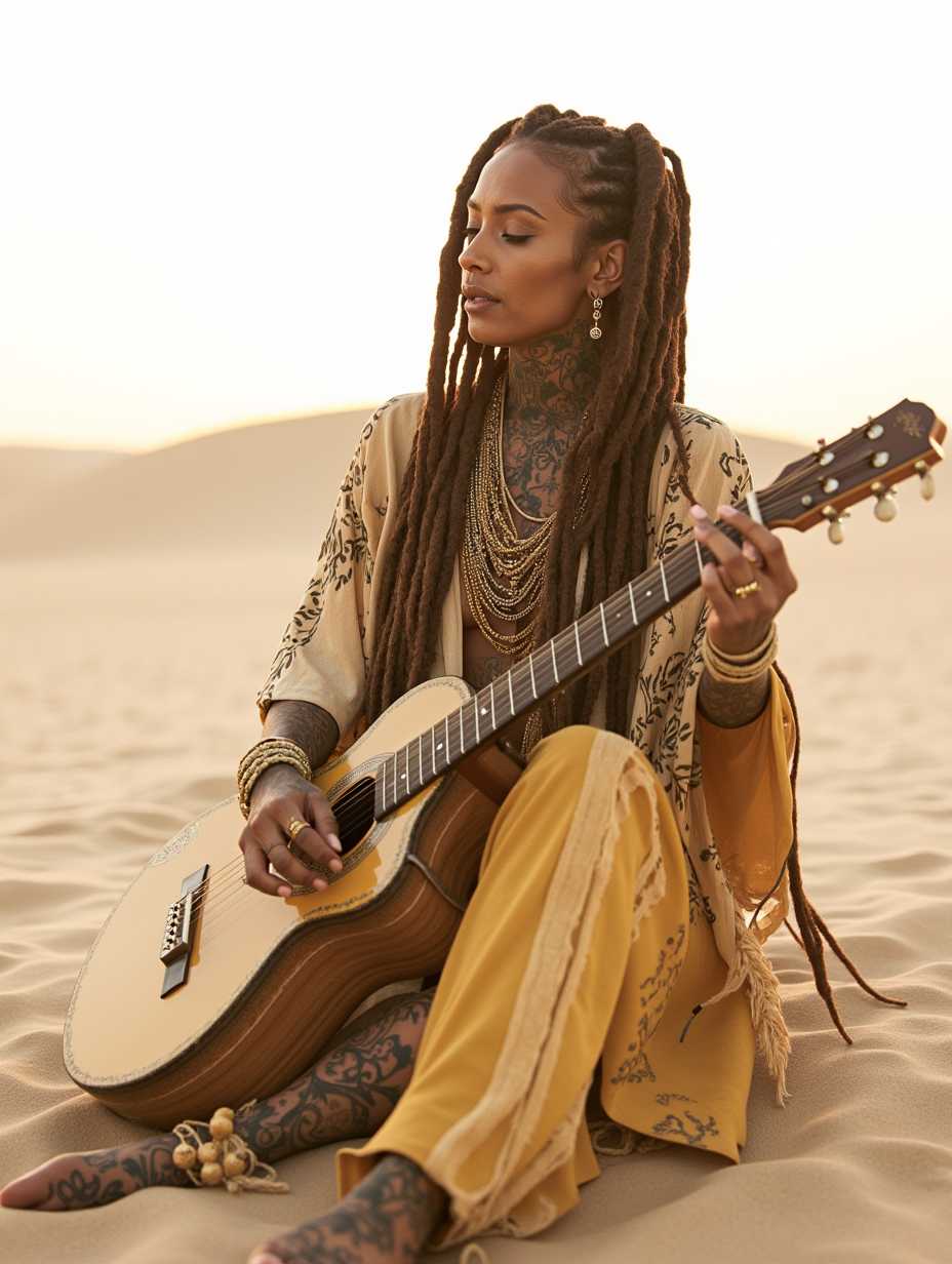 Photo, (8k, best quality, masterpiece: 1.2), (realistic, photorealistic: 1.37), ultra-detailed, intricate details,A woman wearing a bohemian outfit, with dreadlocks, desert sunset, playing a guitar, 