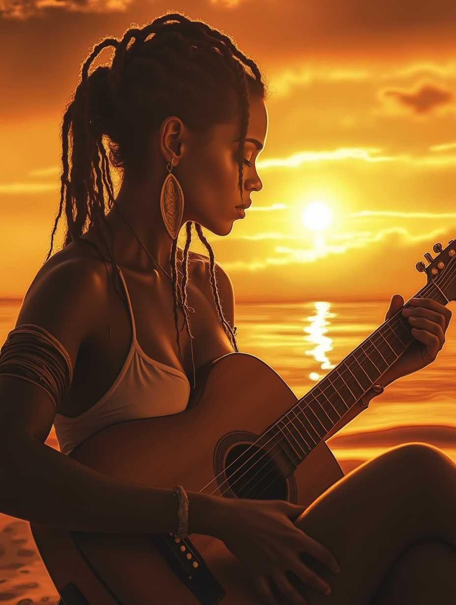 Photo, (8k, best quality, masterpiece: 1.2), (realistic, photorealistic: 1.37), ultra-detailed, intricate details,A woman wearing a bohemian outfit, with dreadlocks, desert sunset, playing a guitar, 