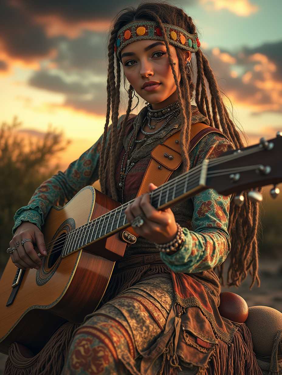 Photo, (8k, best quality, masterpiece: 1.2), (realistic, photorealistic: 1.37), ultra-detailed, intricate details,A woman wearing a bohemian outfit riding a horse, with dreadlocks, desert sunset, playing a guitar, 