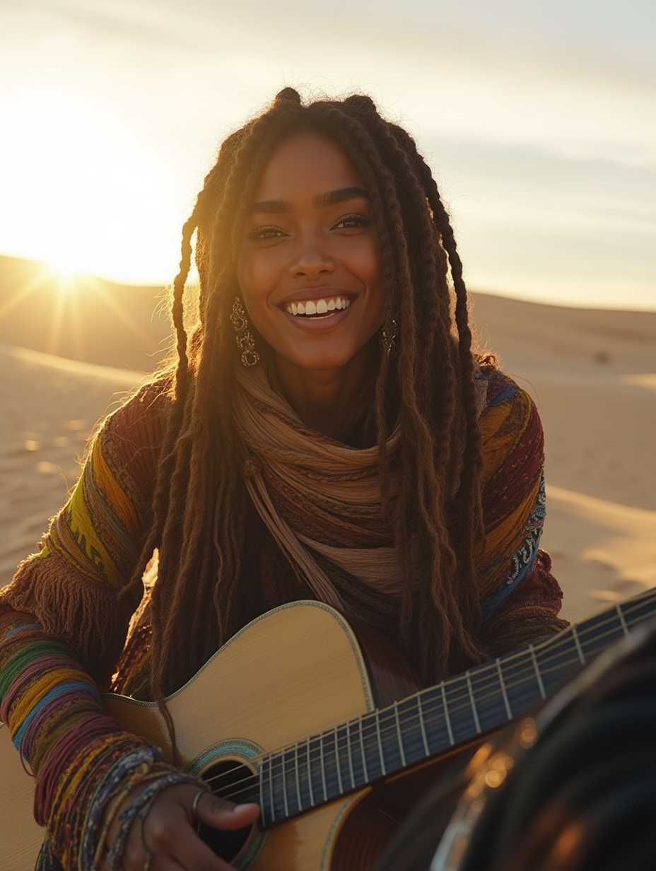 Photo, (8k, best quality, masterpiece: 1.2), (realistic, photorealistic: 1.37), ultra-detailed, intricate details,A woman wearing a bohemian outfit riding a horse, with dreadlocks, desert sunset, playing a guitar, 