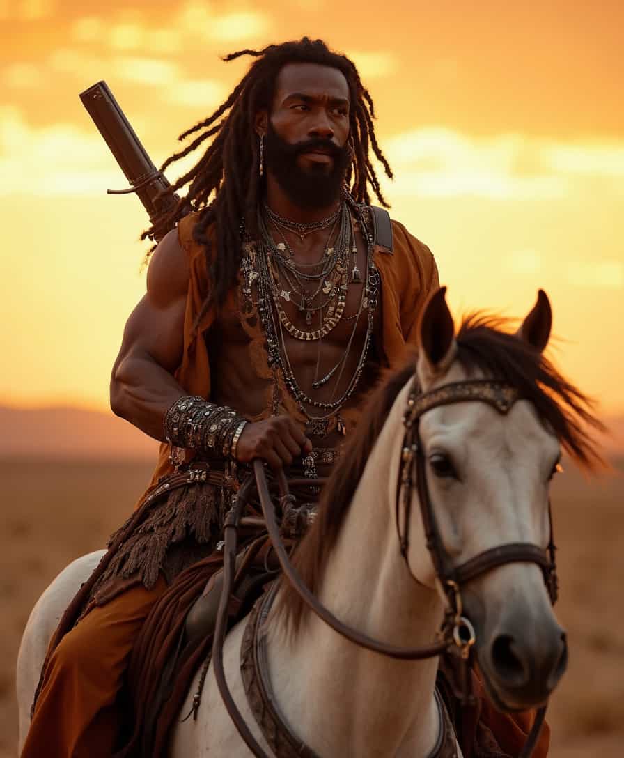 Photo, (8k, best quality, masterpiece: 1.2), (realistic, photorealistic: 1.37), ultra-detailed, intricate details, a very muscular black man wearing a bohemian outfit riding a horse, with dreadlocks, desert sunset, holding a gun