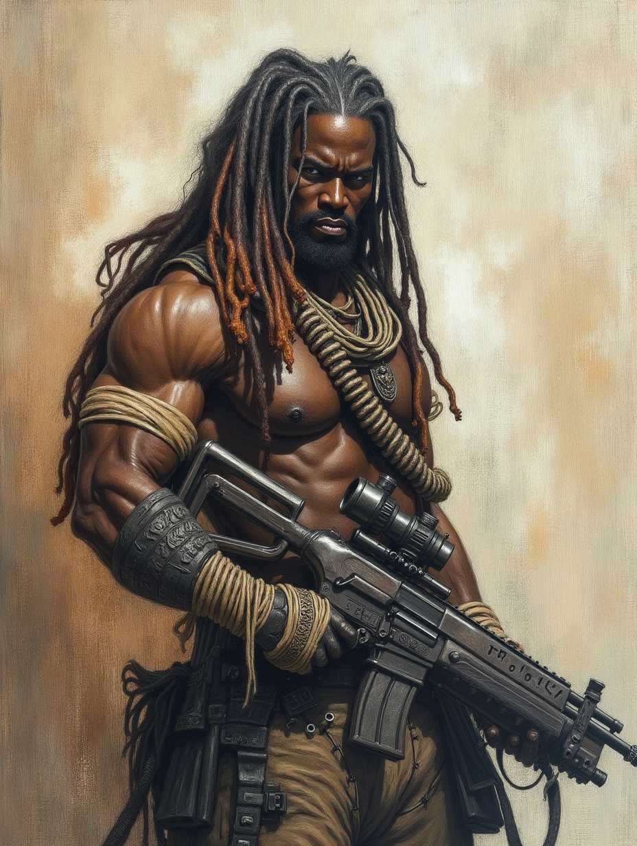chalk drawing, a very muscular black man wearing a bohemian outfit riding a horse, with dreadlocks, desert sunset, holding a gun