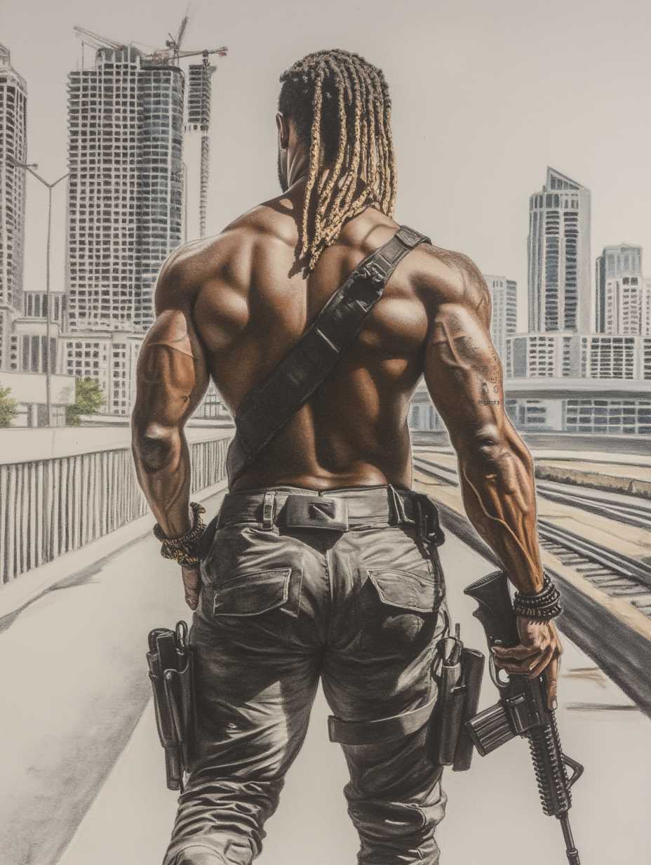 colored chalk drawing, intricate details, a very muscular black man wearing a bohemian outfit walking on streets of modern city with a gun in this hands, with dreadlocks, city skyline,
