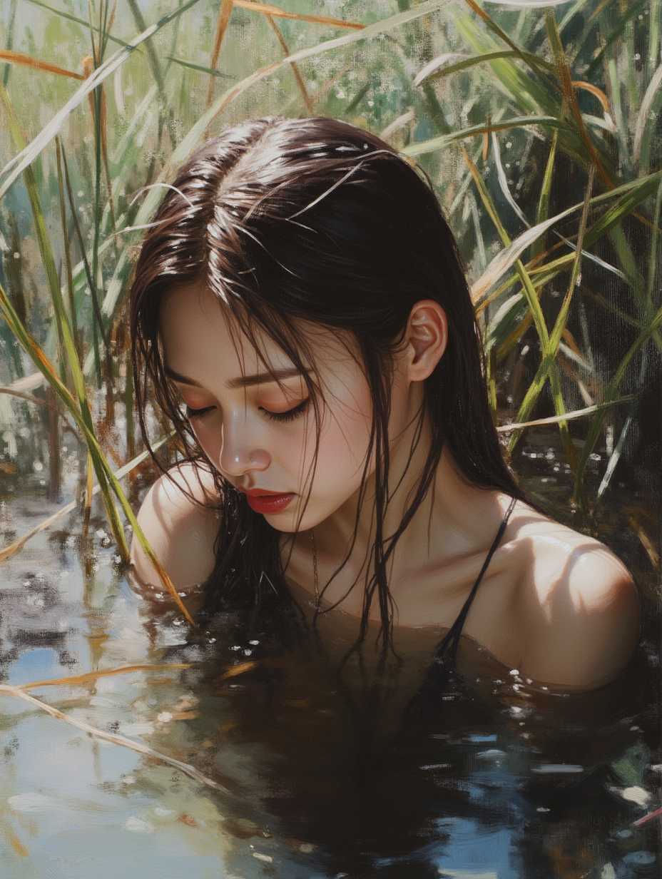Realistic,young woman,Jungle,pond,partially submerged in water,cool colors,bright,cinematic,highly detailed,very intricate,stunning,light shining deep clear focus,extremely fine detail,real,emotional,beautiful,delicate,sharp,artistic,elegant,calm epic,singular color,coherent,complex,amazing composition,ambient,shiny,vibrant,imposing,