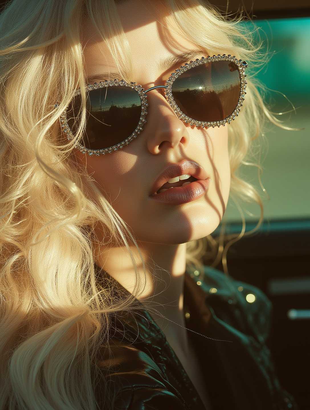  In a gritty, noir-inspired scene set along an abandoned stretch of highway under the soft, melancholic glow of a setting sun, the camera focuses on a close-up of T4NY4F, a striking woman with platinum blonde hair. Her eyes are hidden behind dark sunglasses, but her parted lips hint at a subtle, enigmatic smile. The outline of her sleek, black leather jacket is accentuated by the fading light as she leans casually against the hood of an old, vintage car, adorned with intricate, glistening t4ny4f jewelry that catches the last rays of sunlight. A single strand of hair falls across her face, adding a delicate touch to this powerful and mysterious portrait.