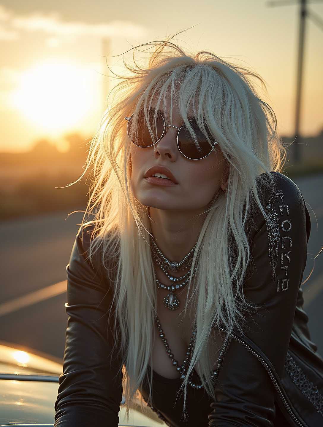  In a gritty, noir-inspired scene set along an abandoned stretch of highway under the soft, melancholic glow of a setting sun, the camera focuses on a close-up of T4NY4F, a striking woman with platinum blonde hair. Her eyes are hidden behind dark sunglasses, but her parted lips hint at a subtle, enigmatic smile. The outline of her sleek, black leather jacket is accentuated by the fading light as she leans casually against the hood of an old, vintage car, adorned with intricate, glistening t4ny4f jewelry that catches the last rays of sunlight. A single strand of hair falls across her face, adding a delicate touch to this powerful and mysterious portrait.