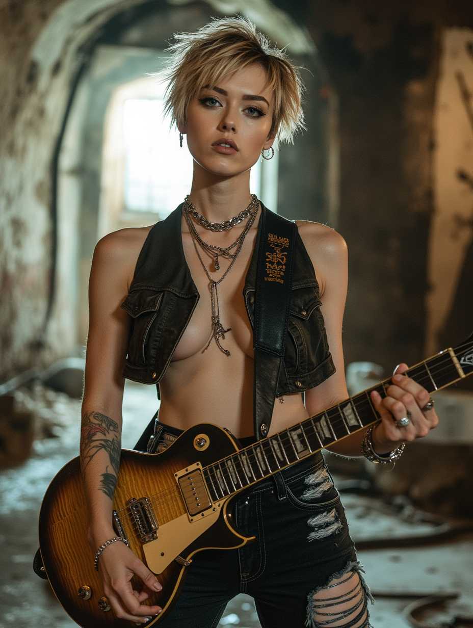 In a grunge-inspired, dimly lit underground music venue, the camera captures a close-up of ER1K4R, a striking woman with short, spiky blonde hair, dressed in ripped jeans and black leather pants. She stands defiantly on a damp, concrete stage, her piercing blue eyes locked onto the audience as she grips a worn, silver necklace tightly in one hand, while the rhythmic beats of her electric guitar reverberate through the room, casting an intense, emotional tone that electrifies both the scene and the crowd.