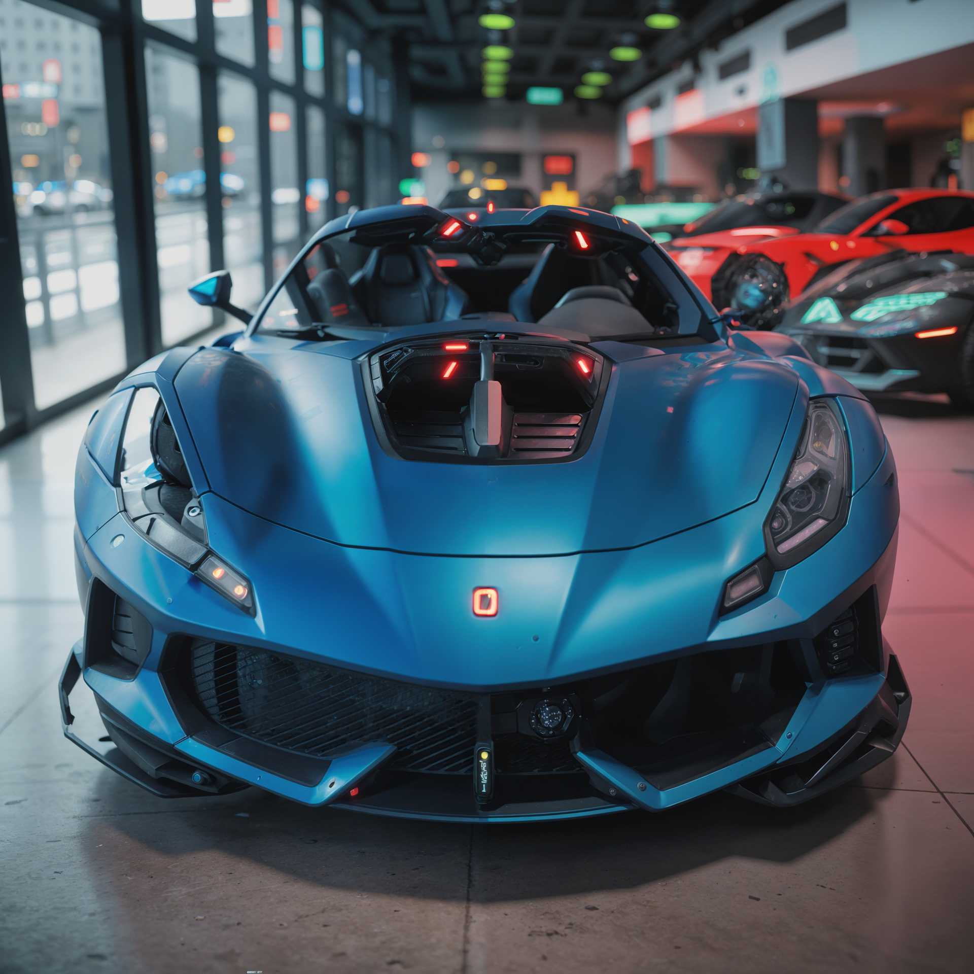 AI-generated image: cyberpunk, futuristic, neon lights, dystopian, matte blue ferrari