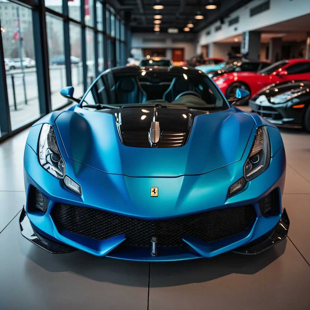 cyberpunk, futuristic, neon lights, dystopian, matte blue ferrari