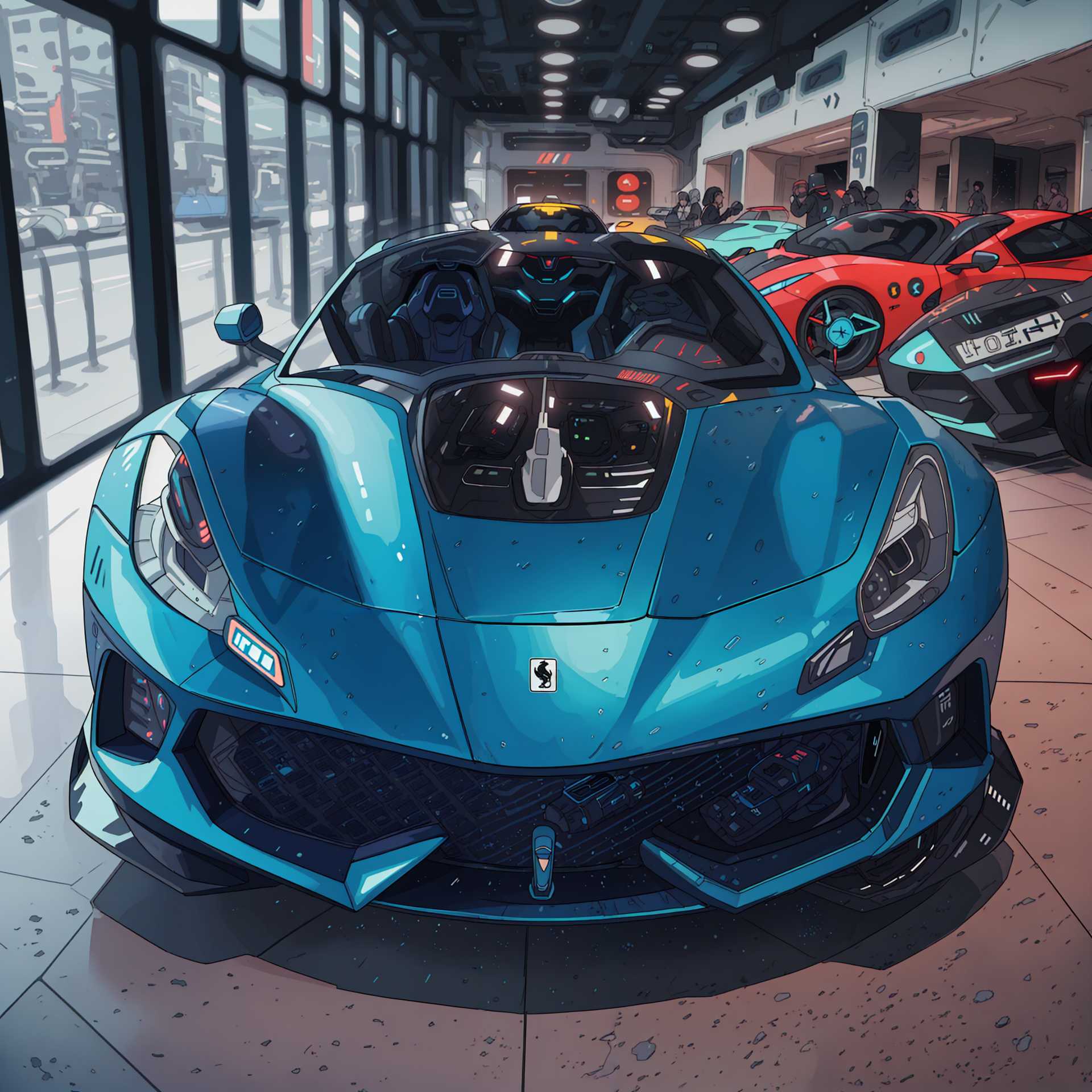 AI-generated image: sci-fi, futuristic, space, high-tech, matte blue ferrari