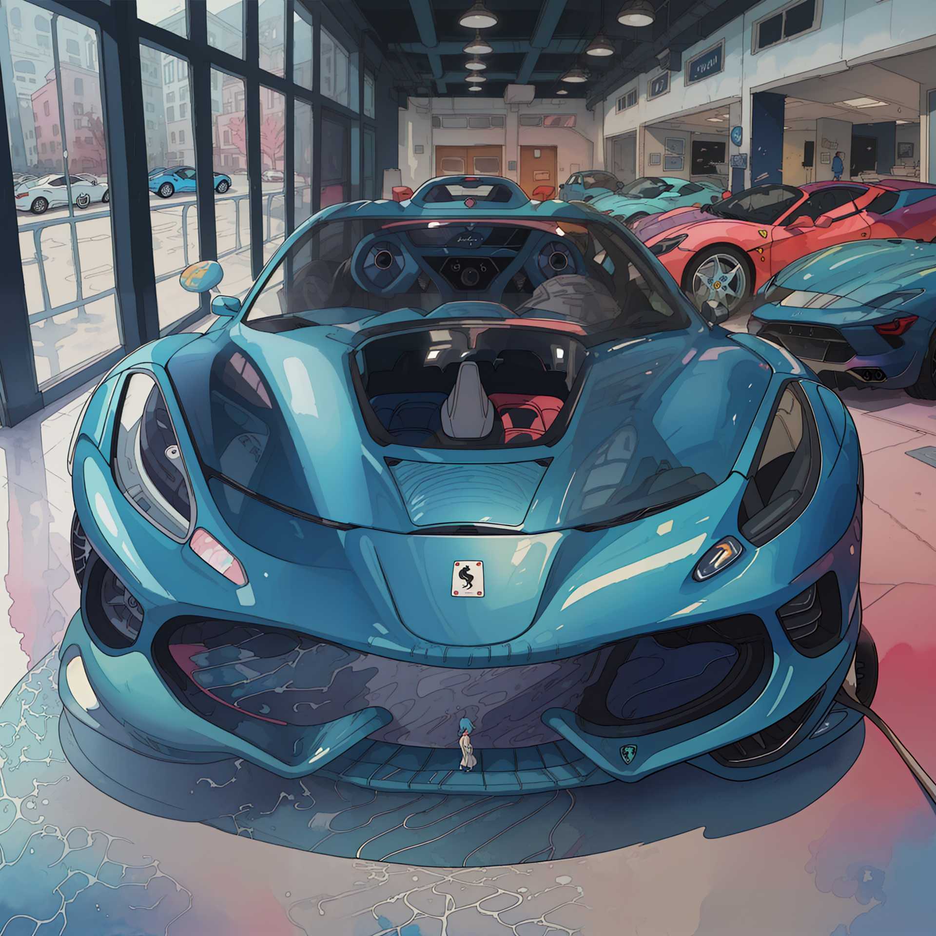 AI-generated image: watercolor painting, artistic, soft colors, abstract, matte blue ferrari