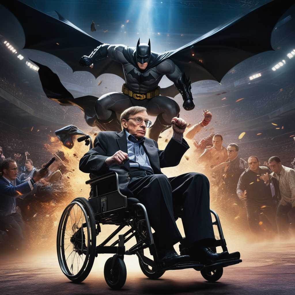 Steven Hawking sitting in his wheelchair and fighting Batman, mid-action punch clash, intense expressions, dynamic, flowing motion, Street Fighter Games style, colorful, exaggerated proportions, indoor arena, dim lighting, detailed backdrop with audience, dramatic shadows, energetic atmosphere, high detail, comic art execution.