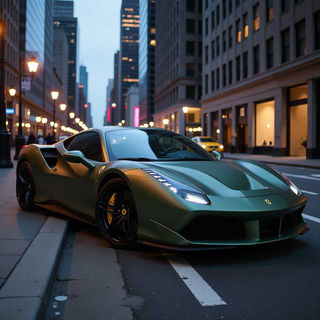 watercolor painting, artistic, soft colors, abstract, An ultra-modern, olive matte wrapped Ferrari parked in an urban setting. The car's sleek, aerodynamic curves and aggressive lines are highlighted by the matte finish, which gives it a luxurious yet stealthy appearance. The deep olive color contrasts sharply with the cityscape in the background, featuring towering skyscrapers and bustling streets. The photograph captures the Ferrari from a low, three-quarter angle to emphasize its powerful stance and intricate details of its design, such as the sharp headlights, polished rims, and the iconic Ferrari logo. The lighting is soft, with the ambient light of dusk casting long, dramatic shadows, creating a moody and sophisticated atmosphere. The overall feeling of the scene is one of elegance and power, capturing the essence of urban luxury and high-performance automotive design, captured using HDR technique to enhance every detail and texture of the vehicle and the environment.