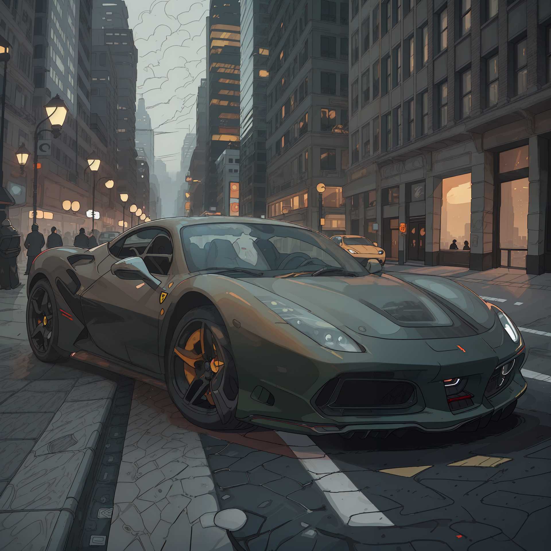 AI-generated image: watercolor painting, artistic, soft colors, abstract, An ultra-modern, olive matte wrapped Ferrari p