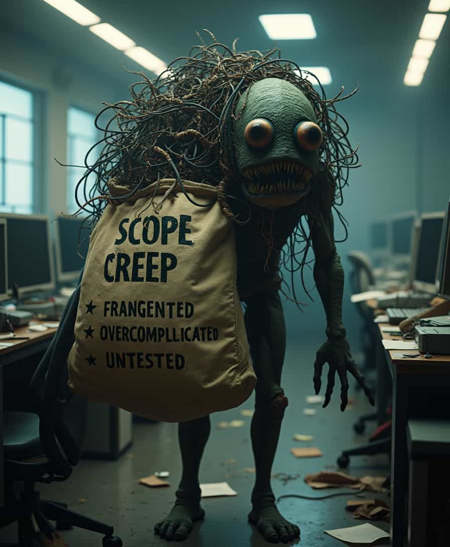 masterpiece, best quality, highres, sharp image, more detail <lora:more_details:0.5> <lora:SDXLrender_v2.0:1>, Create an ultra-realistic photograph featuring a fearsome "scope creep monster" trudging through a dimly-lit tech office. The monster has a grotesque, amorphous form with multiple bulging, relentless eyes and tangled wires protruding from its body. Its skin is textured like a patchwork of digital glitches and code fragments. The monster carries an enormous, overstuffed bag made of coarse, worn fabric, bulging with various outdated and malfunctioning computers, tangled cables, and broken hardware parts. Boldly written on the side of the bag are the intimidating words "SCOPE CREEP" in heavy, distressed font, followed by a list of adjectives in a smaller but equally bold typeface:

- Fragmented
- Overcomplicated
- Untested


The background is a chaotic tech workspace with dim, flickering fluorescent lights, casting eerie shadows and highlighting the room's cluttered state—strewn papers, broken monitors, and scattered tools. The camera angle is slightly low, amplifying the