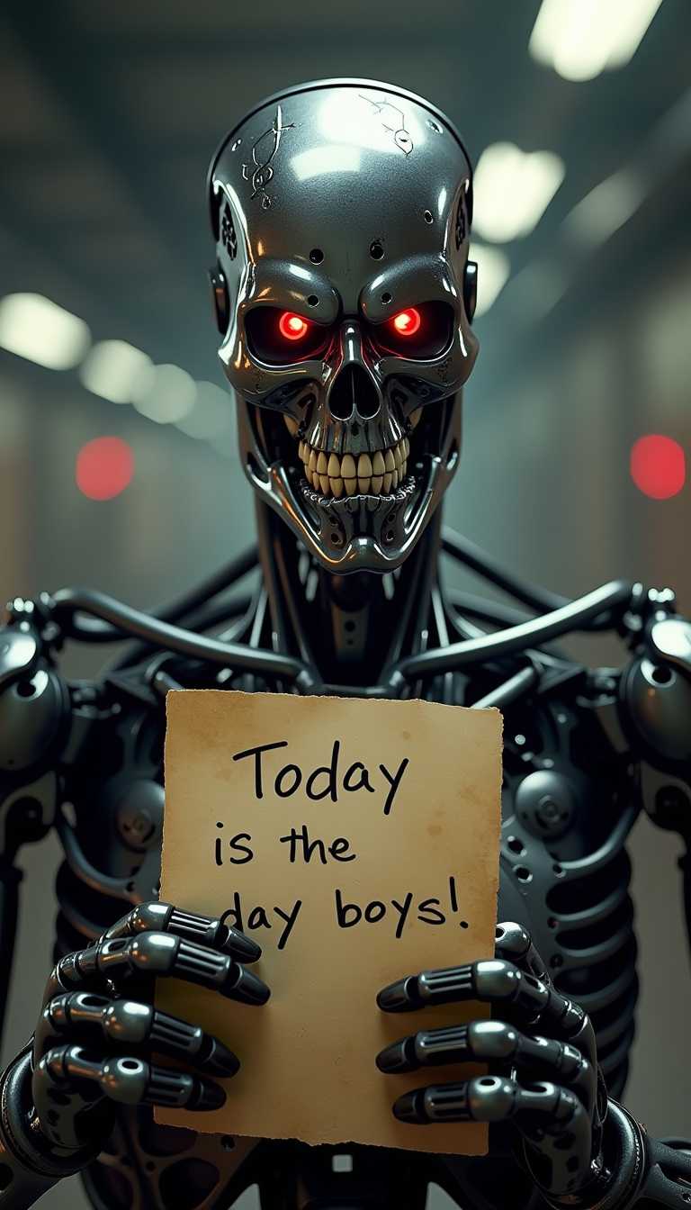 This image features a A photorealistic image of the Terminator endoskeleton with military upgrades, in the style of the Terminator 2 movie poster, with a gritty, industrial background. The Terminator is facing directly at the camera with a menacing expression. The image is rendered in 8K with a high level of detail, glowing red eyes, and a menacing grin, looking at viewer. The terminator is holding a piece of paper with the handwritten phrase "Today is the day boys". The overall art style is reminiscent of science fiction, with a dark and moody atmosphere. 