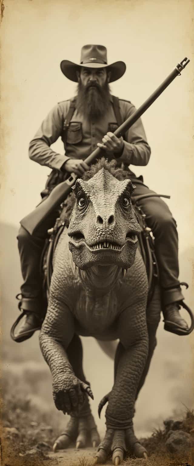 An aged worn sepia monochrome 1800s photograph of a cowboy with a rifle riding a (t-rex):3 dinosaur, facing the camera, two short front legs that don't touch the ground