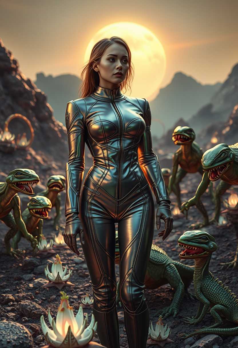  a scene set on the surface of an alien planet. The central focus is a woman in a very tight, form-fitting spacesuit that shimmers with metallic hues under the alien sun. Her suit is detailed with retro-futuristic elements, reflecting the style of the era, with intricate paneling and subtle glowing lines. She stands confidently amid a rocky terrain dotted with strange, luminescent plant life and swirling alien flora.  The scene is tense and anxious as the woman is terrifed of the aliens and they are looking at her as their next meal. 

Surrounding her are small, green reptilian aliens, each with jagged, razor-sharp teeth glinting ominously. Their skin is textured with scales, capturing the play of light and shadows to emphasize their menacing appearance.  She looks at the aliens, with fright in her eyes.   The aliens' eyes glisten with predatory intent, adding to the tension of the scene.  The aliens are different sizes and colors.

The composition places the woman slightly off-center, allowing ample space to showcase the bizarre, hostile landscape and the swarm of aliens encircling her. The camera angle is low, enhancing her dominance and highlighting the dramatic contrast between her sleek, advanced suit and the primitive, untamed nature of the creatures around her. 

The lighting is stark, with long shadows cast by the setting sun, creating an atmosphere of impending danger and high tension. The sky above is a dus