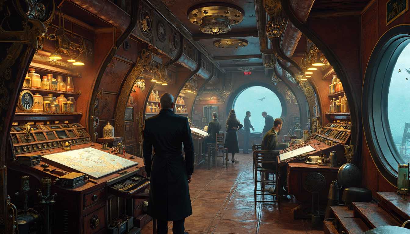masterpiece, best quality, highres, sharp image, more detail, **Prompt:**

**Interior of Captain Nemo's Nautilus Submarine and camptain nemo standing in front of camera, looing at a sea mapm on the mahogany desk,**

Design a high-resolution, ultra-detailed interior of Captain Nemo's legendary submarine, The Nautilus, from Jules Verne's "Twenty Thousand Leagues Under the Sea". The scene begins with the camera gliding through narrow, metal-clad corridors bathed in a Victorian elegance. Walls are adorned with polished mahogany panels and brass fixtures. Shelves are lined with glass jars, elixirs, and tinctures, adding mystery and a touch of alchemy to the space. Exposed gears and intricate mechanisms click and whir, maintaining the vessel’s functions.

**Control Room**:
The camera transitions to the control room, capturing enormous, multi-layered panoramic windows with thick, etched glass separating the crew from the ocean depths. The windows are decorated with delicate Victorian designs. Detailed control panels covered with rows of dials, levers, and gauges, each meticulously crafted. Engineers, their uniforms stained with oil, make precise adjustments. Gas lanterns cast a warm, flickering glow across the riveted copper walls, the light reflecting off droplets of condensation in the cool, pressurized air.

**Engine Room**:
Next, we enter the engine room. Massive steam-powered pistons rhythmically pump