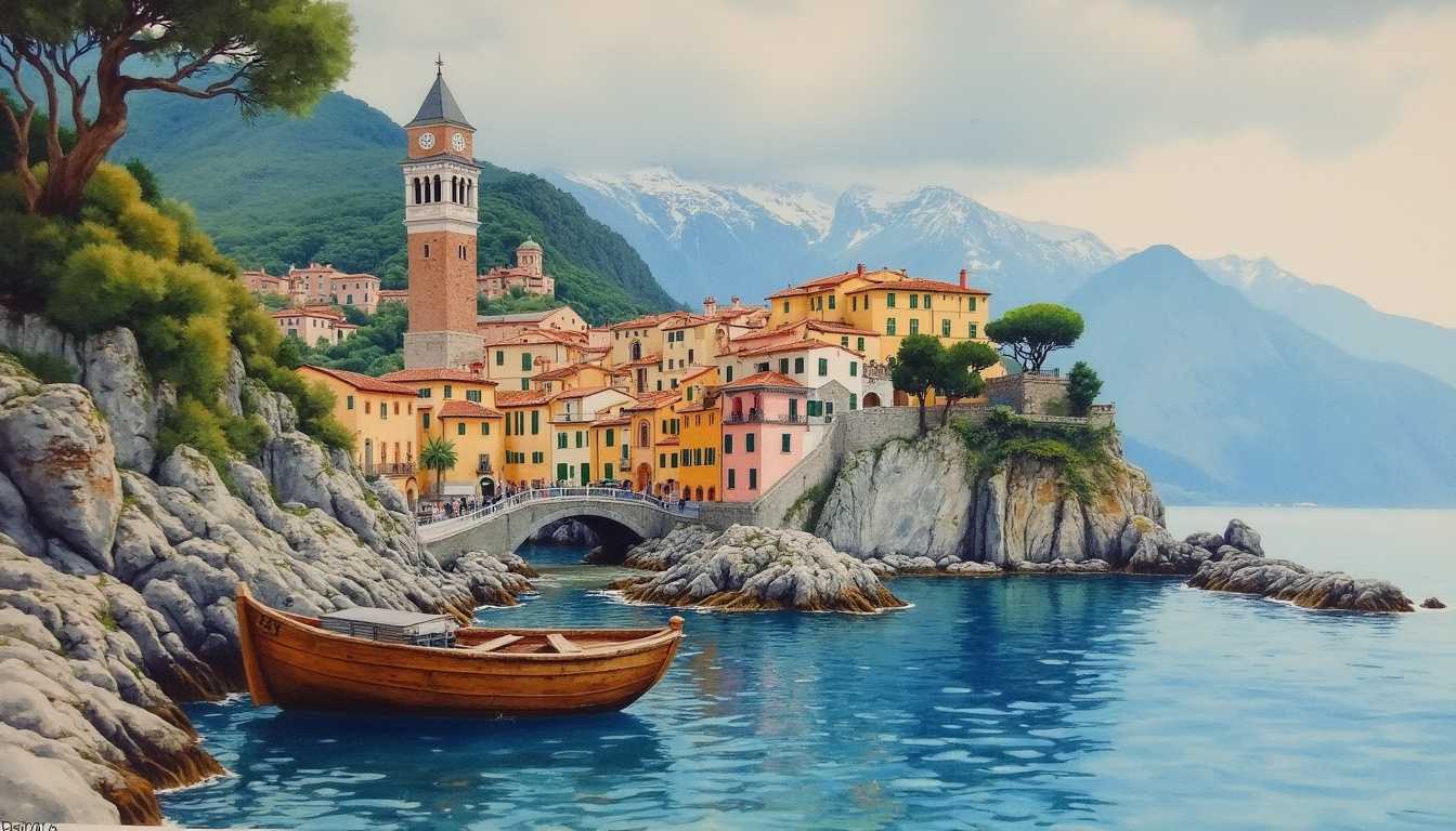 (highly realistic and meticulously detailed Mediterranean village in watercolor stlye:1.3), (rocky coastline with a prominent bell tower:1.2), (weathered wooden fishing boat in the foreground:1.1), (Romantic landscape style inspired by the Amalfi Coast or Adriatic Sea:1.2), (viewer at eye level, looking slightly upward at the village and mountains:1.1), (depth created through overlapping elements and atmospheric perspective:1.1), (soft diffused lighting suggesting overcast conditions:1.2), (cool tones balanced by warm earth tones:1.1), (textures contribute significantly to the scene’s depth and realism:1.2), (gentle waves, cloudy sky with breaks of blue, and snow-capped mountains in the background:1.1), (proportions are realistic, with strong contrasts between light and dark areas:1.2), (leading lines guide the viewer’s eye through the scene:1.1), (prominent bell tower with clock face, weathered stone buildings with red tile roofs, and old wooden fishing boat in the foreground:1.2)