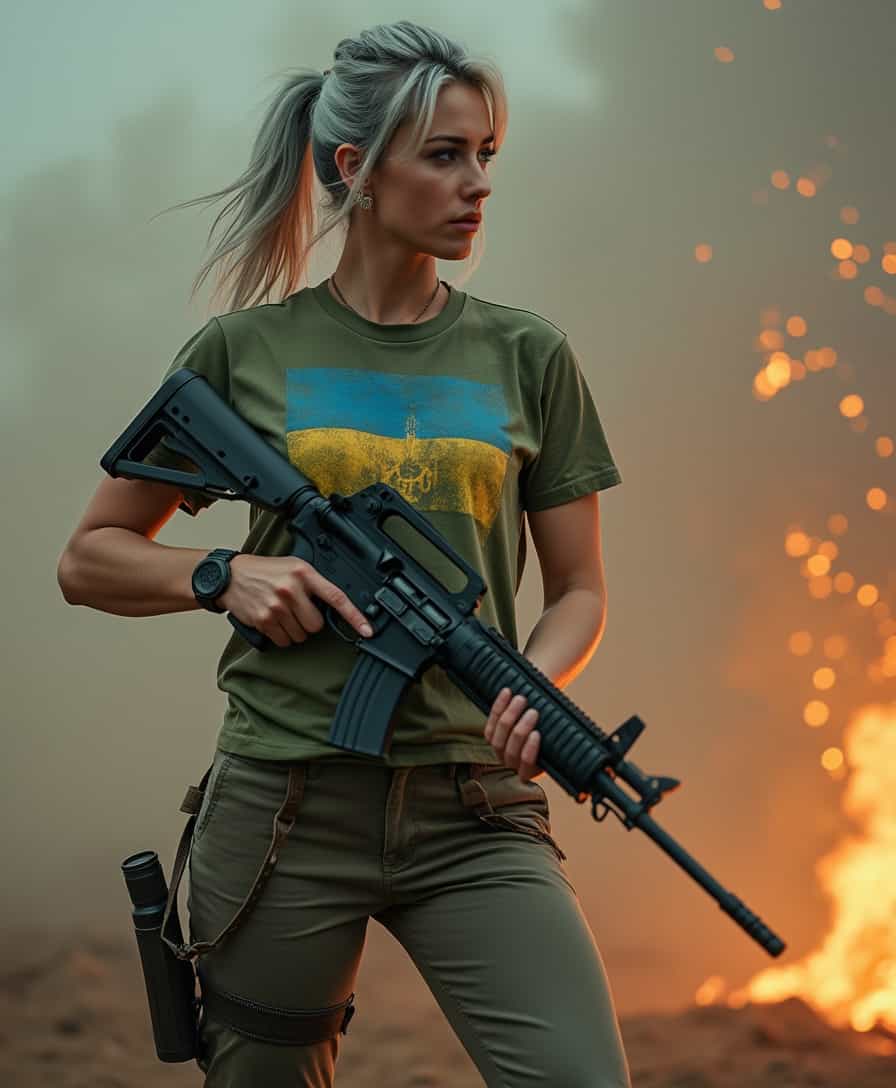 (masterpiece), Photograph of an action movie (((pretty))) female defender with grey hair wearing a military green T-shirt printed the coat of arms of Ukraine in a post-apocalyptic wasteland, holding a large rifle and surrounded by swirling dust and embers. half body photoshoot, in a dynamic pose, some bullet shells scattered around her feet, 3D big modern bold text reads 'Happy Independence Day' in a clean, elegant font, a black and red color gradient, cinematic lighting, a bokeh effect, light leaks, depth of field, film grain, and high-resolution photography of high quality