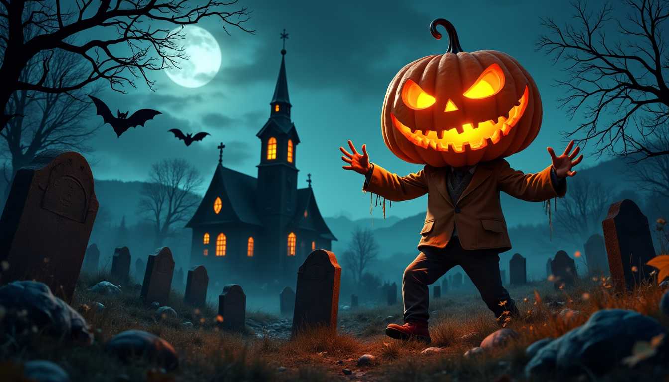 Pumpkin zombie Rising Out Of A Graveyard cemetery and church In Spooky scary dark Night full moon bats on tree. Holiday event halloween banner background