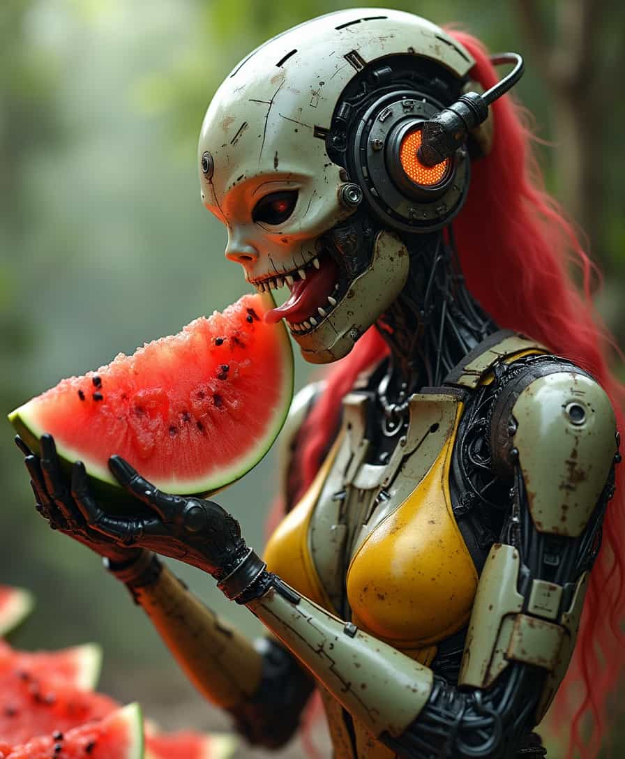 cyborg donna cha eat a slice of watermelon
