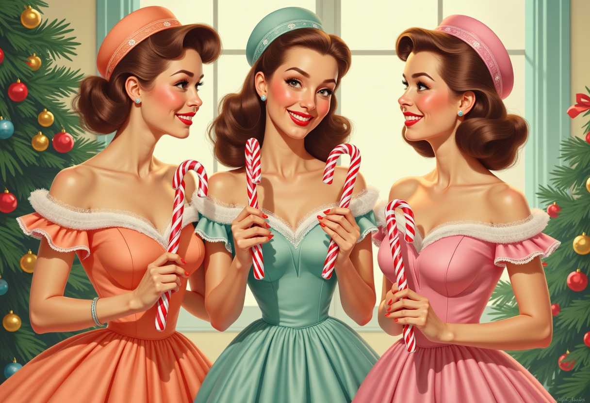 This vintage-style 1950's digital illustration features three women in bright pastel dresses with lace and ruffles, accessorized with hats and voluminous hairstyles. They hold candy canes, surrounded by festive Christmas decorations in a soft, diffused light. The art evokes mid-20th-century American pinup aesthetics with stylized realism.