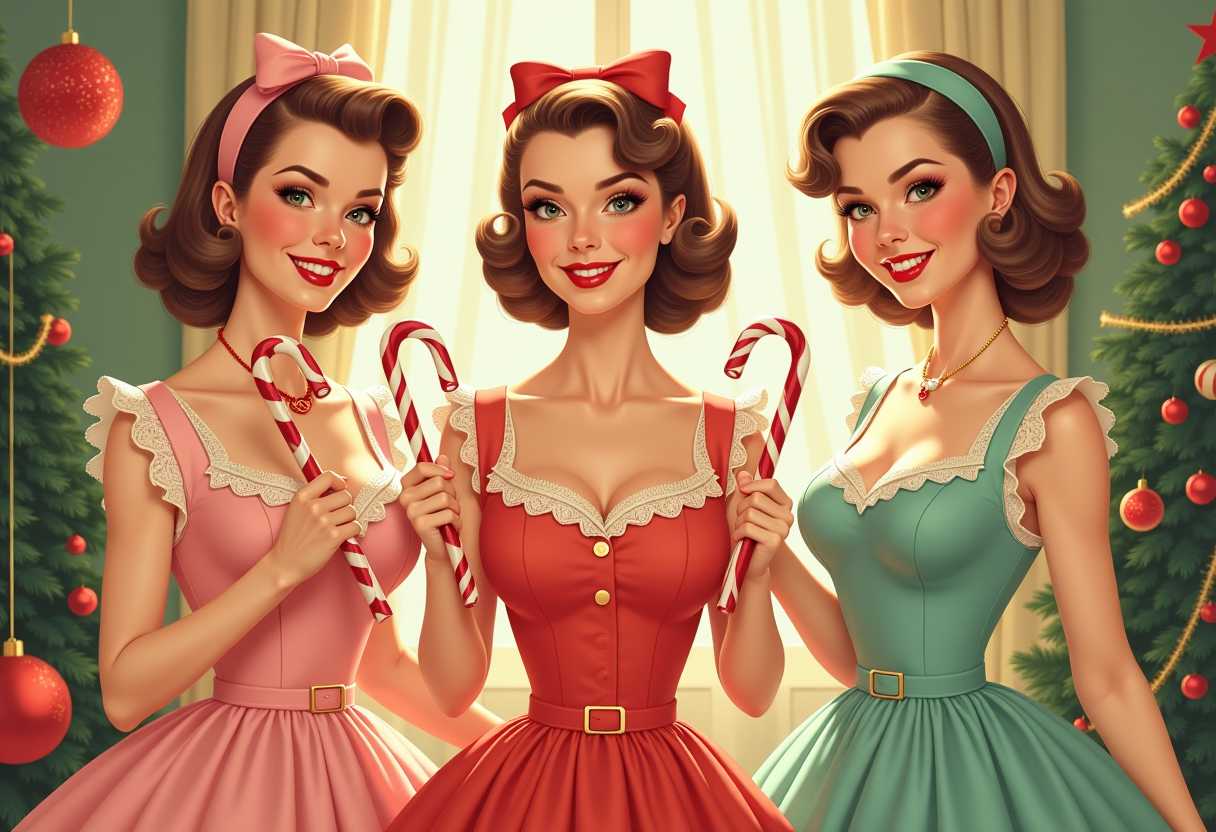 This vintage-style 1950's digital illustration features three women in bright pastel dresses with lace and ruffles, accessorized with hats and voluminous hairstyles. They hold candy canes, surrounded by festive Christmas decorations in a soft, diffused light. The art evokes mid-20th-century American pinup aesthetics with stylized realism.