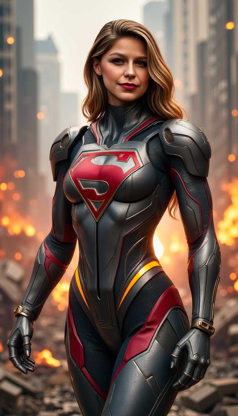 a photo of SGIRL, ,  a photo portrait of SGIRL, This image is a digital artwork that features a highly detailed and intricate depiction of a humanoid female superman figure in a powerful, armored bikini suit. he is smiling, looking at camera. The art style is reminiscent of science fiction and cyberpunk superman, with a focus on mechanical and futuristic elements. The medium appears to be a digital painting, utilizing advanced rendering techniques to create a realistic and textured visual effect.The colors in the image are rich and varied, with a predominance of metallic grays, silvers, and blacks, punctuated by vibrant reds and oranges. These colors give the armor a sleek, hightech appearance, while the red accents on the chest and wrist add a pop of color that draws the eye. The background is a chaotic blend of fiery oranges and yellows, with dark, smoky grays, creating a sense of destruction and intensity.The objects in the image are primarily the armored figure and its surroundings. The figures suit is a marvel of engineering, with intricate details that suggest a complex internal structure, possibly powered by advanced technology. The suit is adorned with various mechanical parts, including gears, conduits, and what appear to be weaponry or energy emitters. The figures hands are particularly detailed, with articulated fingers and knuckles, and the suits gauntlets are equipped with what could be energy weapons or other high-tech gadgets.The background of the image is a scene of devastation, with the remains of what could be buildings or vehicles, engulfed in flames and smoke. The destruction suggests a battle or catastrophic event, setting a dramatic and intense mood for the artwork. The overall composition of the image is dynamic, with the figure standing prominently in the foreground, commanding attention, while the chaotic background adds to the sense of action and peril.