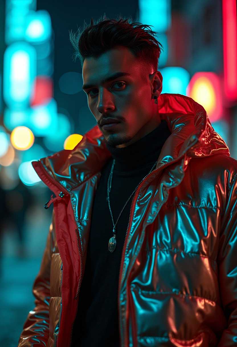 A cinematic close-up of a male model wearing a futuristic urban outfit, shot with an Arri Alexa LF camera using a Canon RF 85mm f/1.2L lens. The image captures the intricate details of his reflective jacket and high-tech accessories, set against a dark, neon-lit city street. The lighting is a mix of Rembrandt and backlighting techniques, creating a dramatic contrast and a subtle halo effect around the model's silhouette. The overall aesthetic is influenced by Denis Villeneuve's atmospheric visuals in films like Blade Runner 2049."