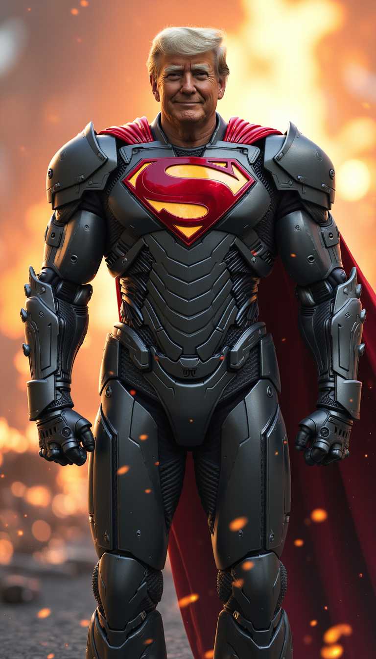 Armored figure with cape exudes confidence amidst fiery backdrop
