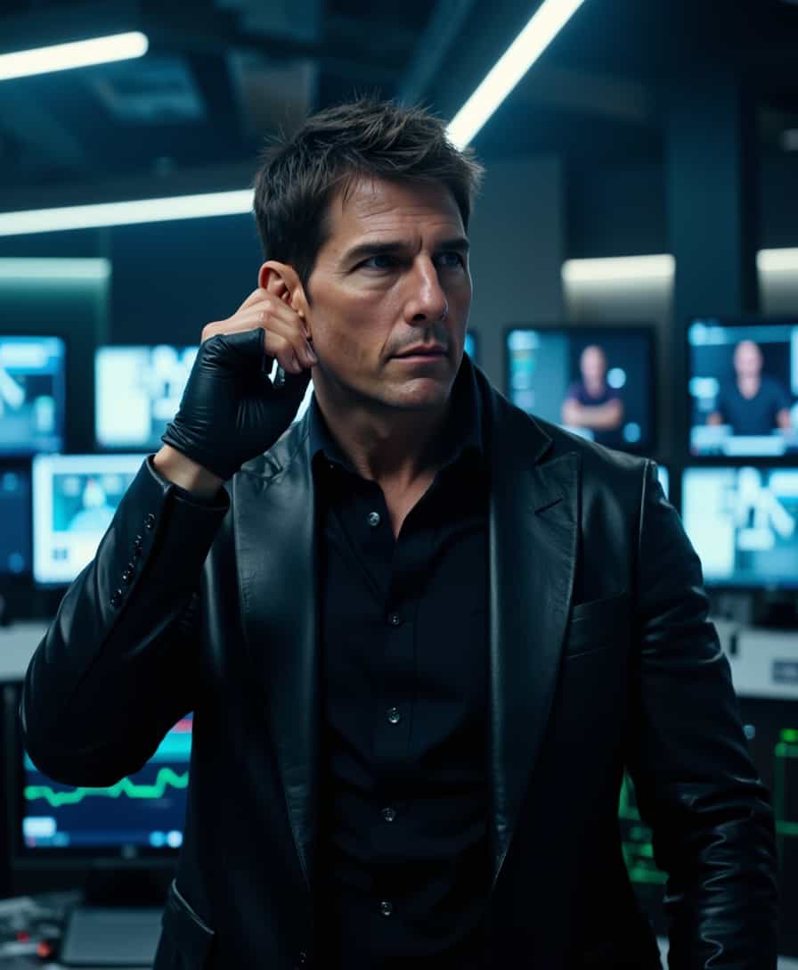a photo of ETHN man, , Full-body view of Ethan Hunt from Mission Impossible, dressed in his iconic tactical gear, holding his fingers to his ear as if listening to a broadcast. Set in a covert operations control room filled with advanced computer screens and technical equipment, the scene is illuminated by the cool, dim glow of digital displays and soft overhead lighting, casting subtle shadows and reflections. In the foreground, Ethan stands with a focused, intense expression, his body slightly turned to the left, capturing a sense of motion and readiness. The atmosphere is tense and clandestine, evoking the high-stakes nature of an espionage mission. The image is depicted in a hyper-realistic style with crisp details, emphasizing textures from the tactical gear to the glossy surfaces of the control room. Background elements blur slightly, keeping the viewer's attention on Ethan, showcasing his critical role in the scene.