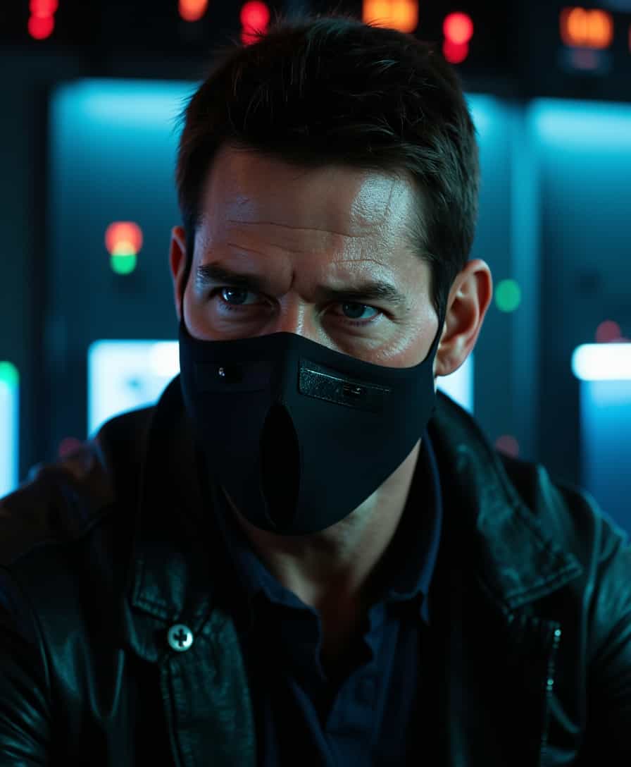 a photo of ETHN man, , Ethan Hunt, the renowned spy from Mission Impossible, captured mid-action as he pulls off a hyper-realistic mask. The scene is detailed with Ethan's intense expression of determination and focus, with beads of sweat glistening on his forehead. The mask, designed with intricate lifelike features, appears to be peeling off smoothly, revealing Ethan's true face underneath. The background is a dimly lit, high-tech control room, filled with monitors displaying cryptic data and flickering screens. 

The image follows a cinematic style with dramatic lighting, casting sharp shadows that enhance the tension of the moment. The composition is a close-up shot, emphasizing Ethan's face and the mask, while also capturing the details of his tactical gear and rugged appearance. The color palette is dominated by deep blues and blacks, with occasional flashes of red and green from the control room equipment. 

The mood is intense and suspenseful, set during a covert operation at night, with subtle rain drops on the window hinting at the stormy weather outside. The overall atmosphere conveys a sense of urgency and clandestine activity, with a realistic, high-resolution finish that brings out every minute detail in the scene.