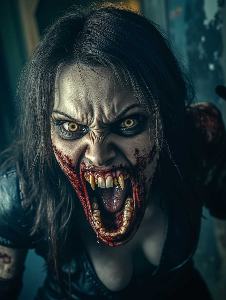  ultra realistic young female vampire, leather dress, long canines teeth, vampire teeth, angry looking, high detailed skin and eyes, post apocalyptic background