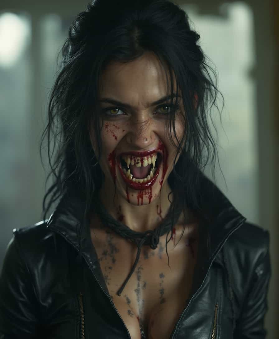ultra realistic young female vampire, leather dress, long canines teeth, vampire teeth, angry looking, high detailed skin and eyes, post apocalyptic background